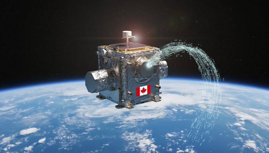 Canadian quantum satellite in orbit above Earth with solar panels extended