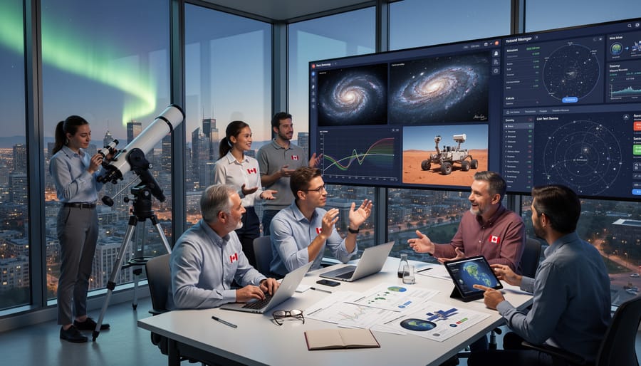 Canadian space professional working at mission control station with satellite data displays
