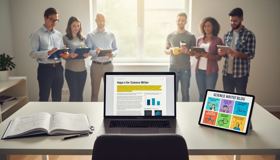 Researcher writing scientific content on laptop with research notes nearby