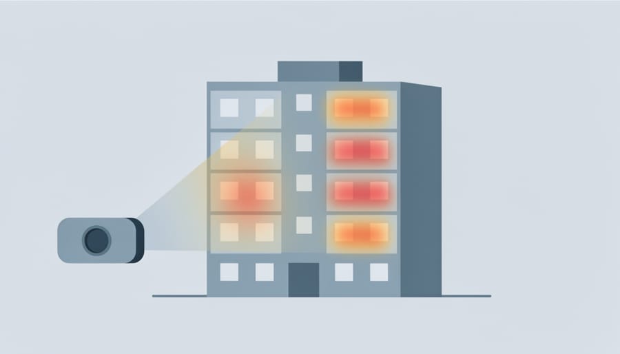 Infrared thermal camera inspecting a building facade to detect maintenance-related temperature differences.