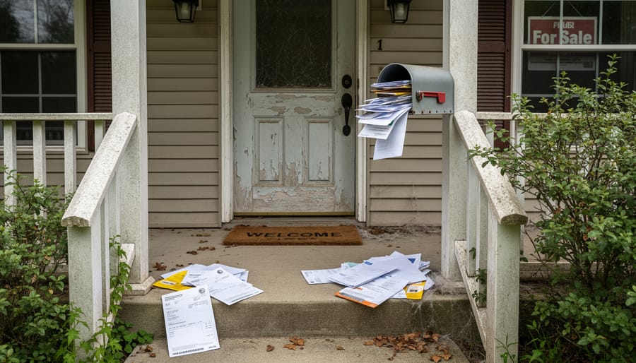 Vacant living room with dusty windows, uncollected mail, and signs of neglect.