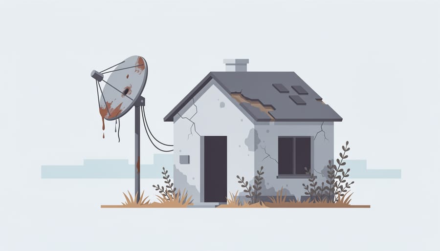 Empty rooftop satellite dish next to a weathered, neglected house facade.