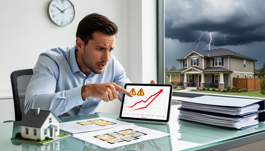 Homeowner holds a smartphone planning a quick decision at a front door with blurred exterior signage.